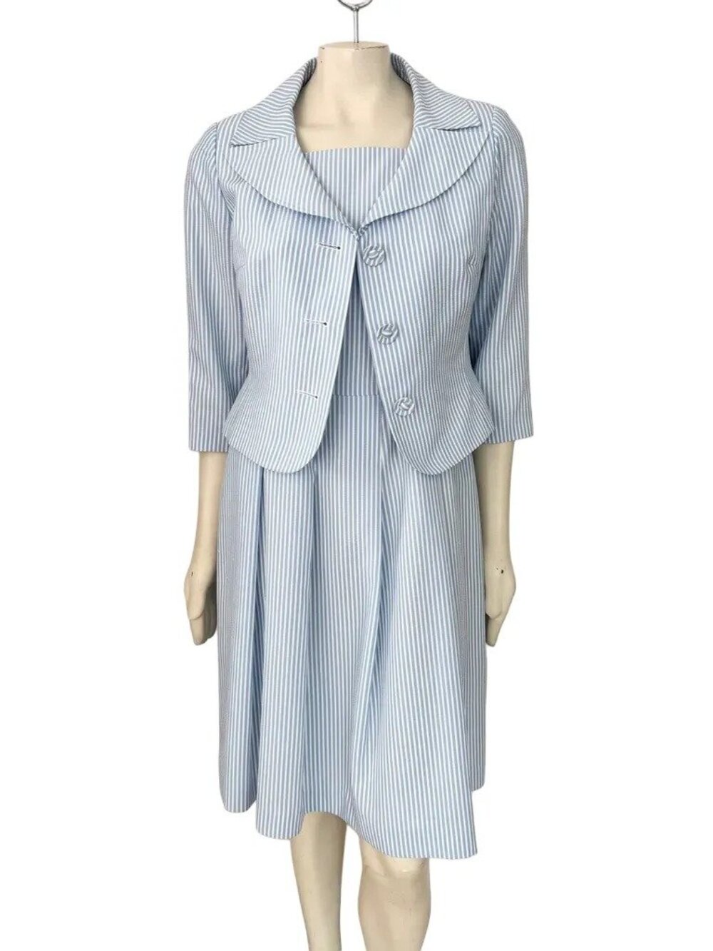 VTG 90s TALBOTS Seersucker Dress Suit Blue White Stripe 2 Piece Set SZ 8P